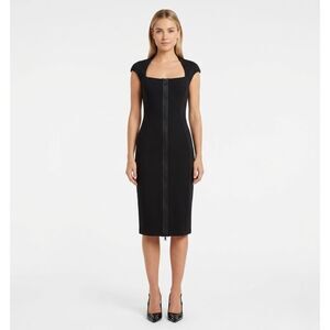 Josh Goot Black Zip Front Midi Dress Cap Sleeve Structured Bodycon Medium Goth